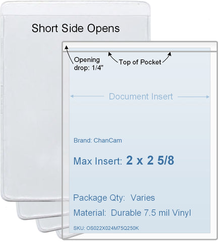 ChanCam vinyl sleeve, open short side, insert size: 2 x 2 5/8, product size: 2 1/4 x 2 7/8, package quantity 100, 7.5 mil clear vinyl