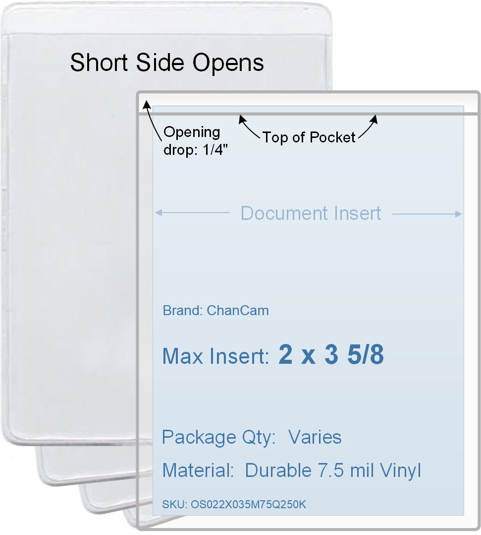 ChanCam vinyl sleeve, open short side, insert size: 2 x 3 5/8, product size: 2 1/4 x 3 7/8, package quantity 100, 7.5 mil clear vinyl