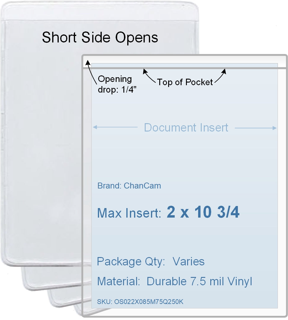 ChanCam vinyl sleeve, open short side, insert size: 2 x 10 3/4, product size: 2 1/4 x 11, package quantity 100, 7.5 mil clear vinyl