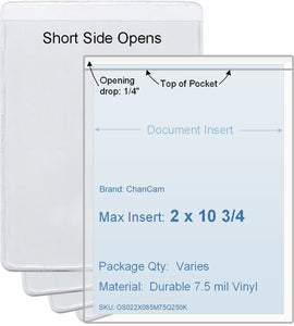 ChanCam vinyl sleeve, open short side, insert size: 2 x 10 3/4, product size: 2 1/4 x 11, package quantity 100, 7.5 mil clear vinyl