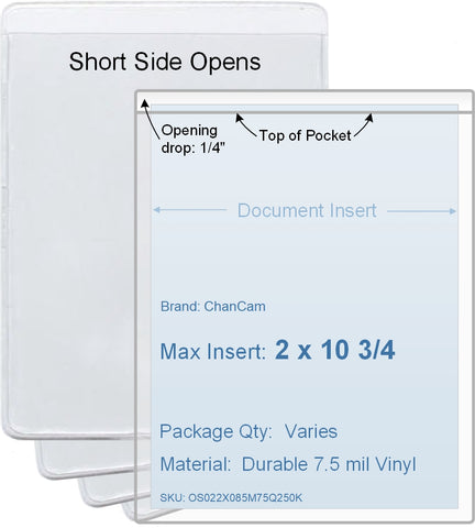 ChanCam vinyl sleeve, open short side, insert size: 2 x 10 3/4, product size: 2 1/4 x 11, package quantity 100, 7.5 mil clear vinyl