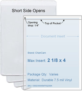 ChanCam vinyl sleeve, open short side, insert size: 2 1/8 x 4, product size: 2 3/8 x 4 1/4, package quantity 100, 7.5 mil clear vinyl