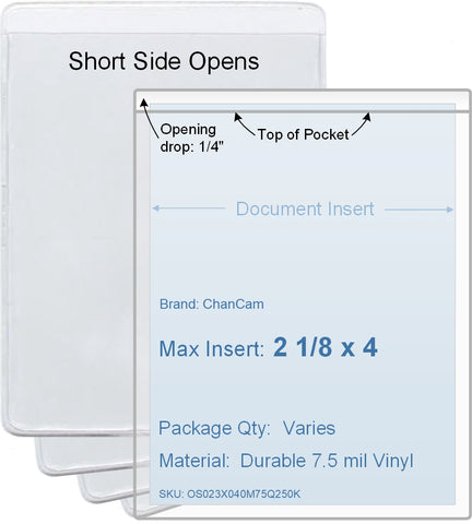 ChanCam vinyl sleeve, open short side, insert size: 2 1/8 x 4, product size: 2 3/8 x 4 1/4, package quantity 100, 7.5 mil clear vinyl