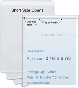 ChanCam vinyl sleeve, open short side, insert size: 2 1/8 x 6 7/8, product size: 2 3/8 x 7 1/8, package quantity 100, 7.5 mil clear vinyl