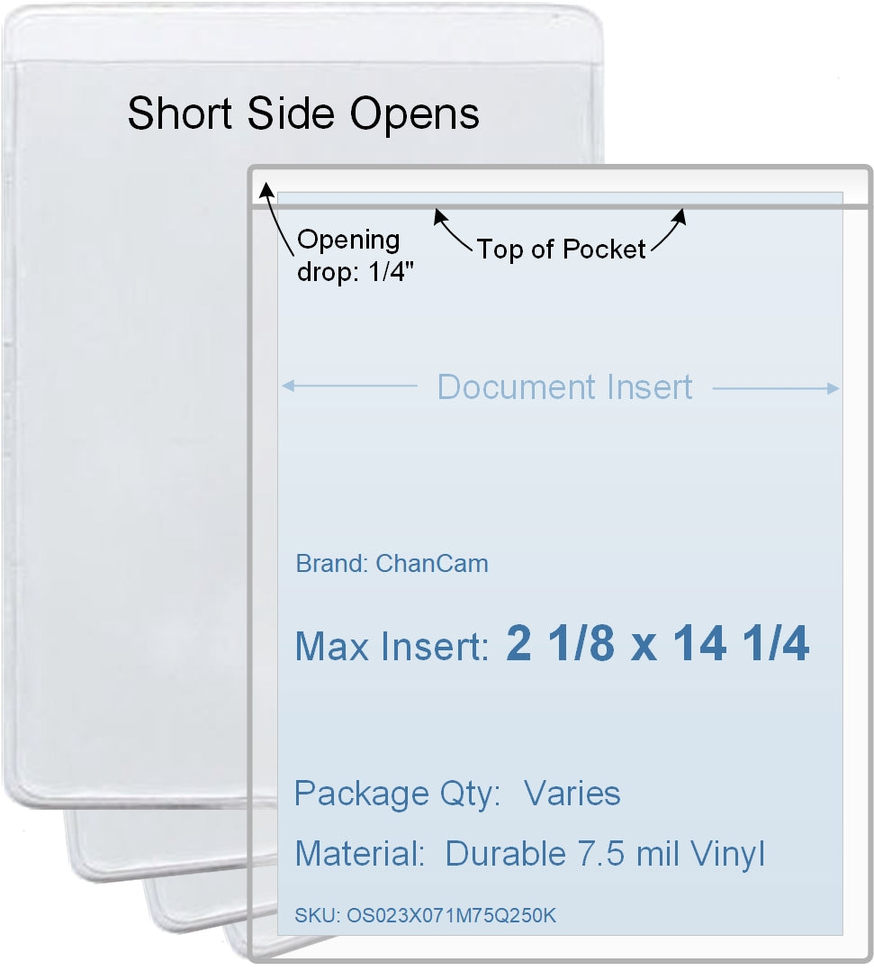 ChanCam vinyl sleeve, open short side, insert size: 2 1/8 x 14 1/4, product size: 2 3/8 x 14 1/2, package quantity 100, 7.5 mil clear vinyl