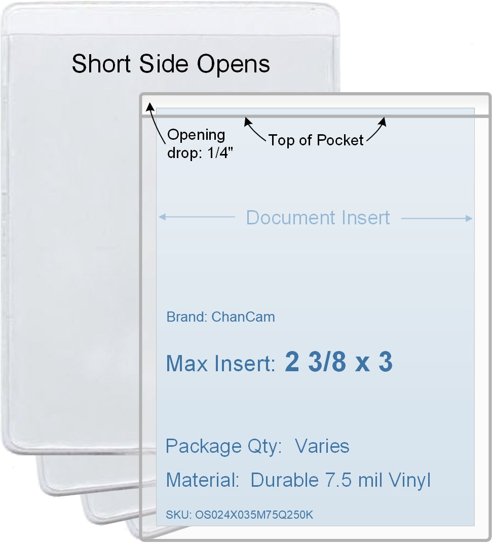 ChanCam vinyl sleeve, open short side, insert size: 2 3/8 x 3, product size: 2 5/8 x 3 1/4, package quantity 100, 7.5 mil clear vinyl