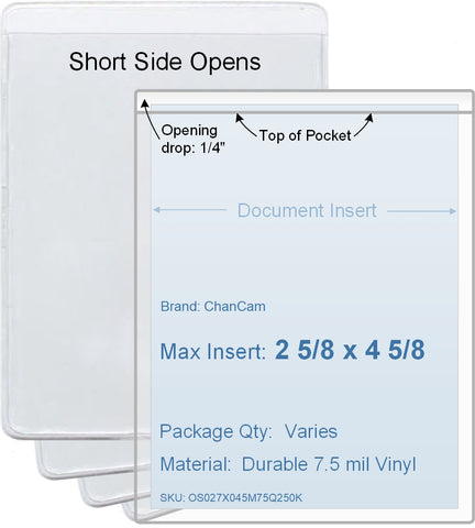 ChanCam vinyl sleeve, open short side, insert size: 2 5/8 x 4 5/8, product size: 2 7/8 x 4 7/8, package quantity 100, 7.5 mil clear vinyl