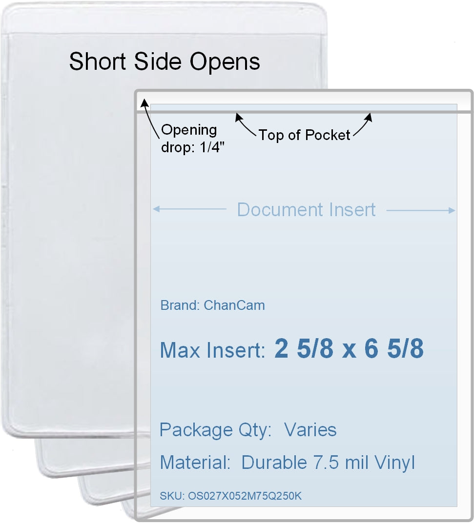 ChanCam vinyl sleeve, open short side, insert size: 2 5/8 x 6 5/8, product size: 2 7/8 x 6 7/8, package quantity 100, 7.5 mil clear vinyl