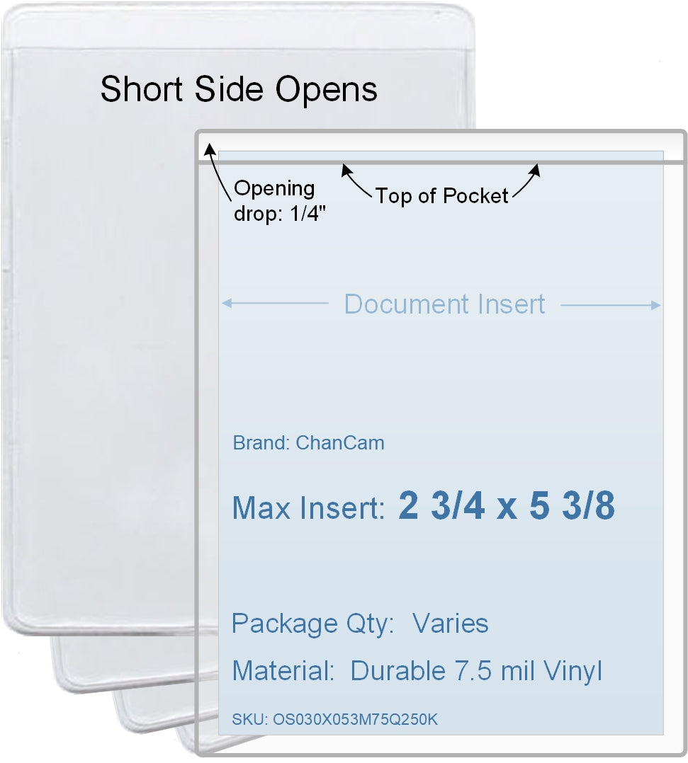 ChanCam vinyl sleeve, open short side, insert size: 2 3/4 x 5 3/8, product size: 3 x 5 5/8, package quantity 100, 7.5 mil clear vinyl