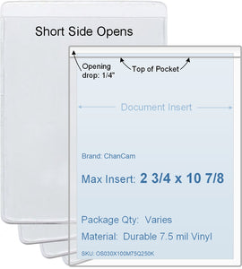 ChanCam vinyl sleeve, open short side, insert size: 2 3/4 x 10 7/8, product size: 3 x 11 1/8, package quantity 100, 7.5 mil clear vinyl