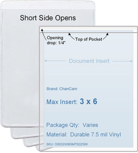 ChanCam vinyl sleeve, open short side, insert size: 3 x 6, product size: 3 1/4 x 6 1/4, package quantity 100, 7.5 mil clear vinyl