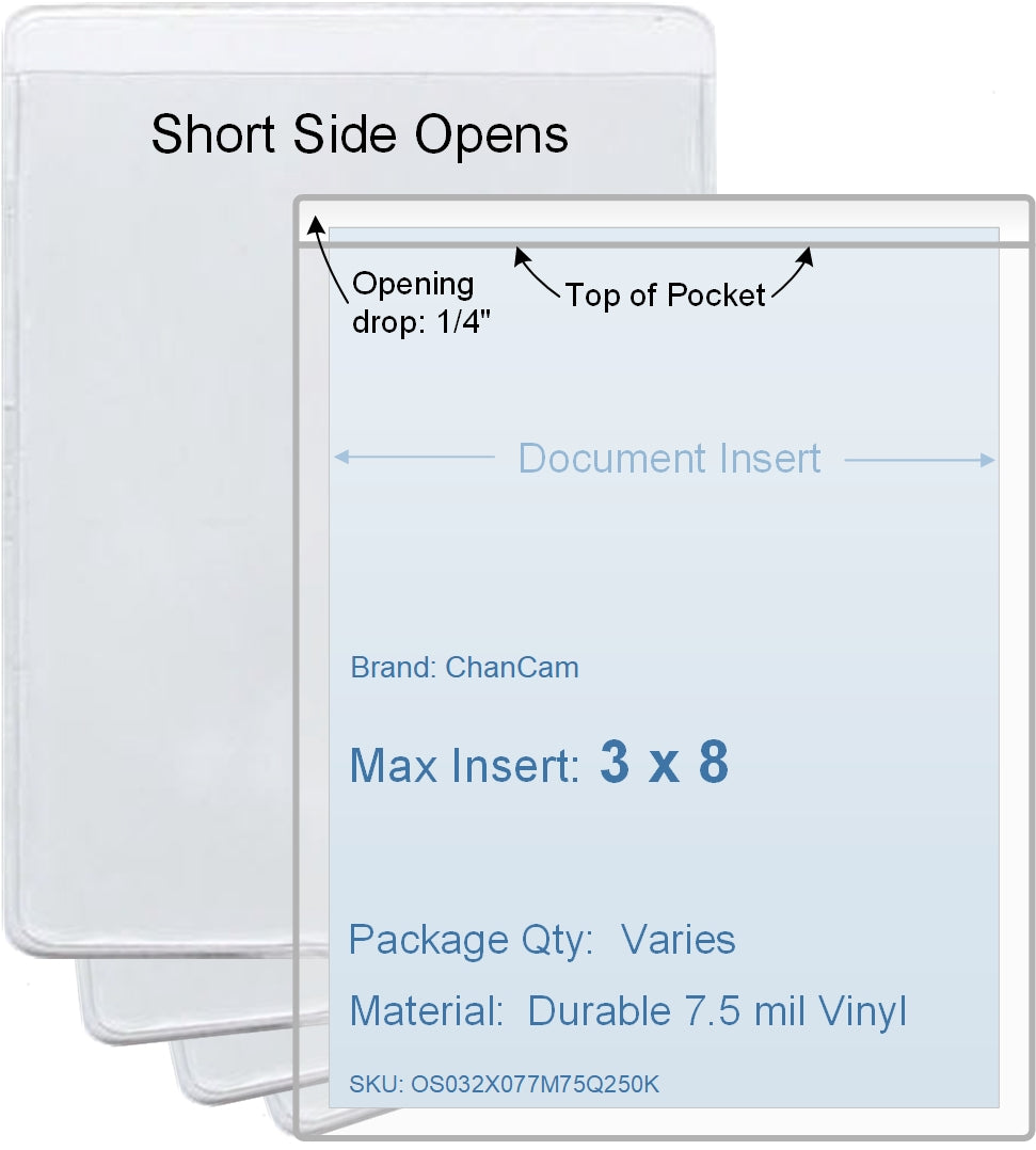 ChanCam vinyl sleeve, open short side, insert size: 3 x 8, product size: 3 1/4 x 8 1/4, package quantity 100, 7.5 mil clear vinyl