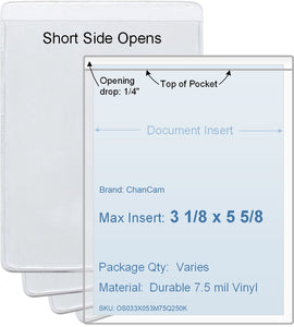 ChanCam vinyl sleeve, open short side, insert size: 3 1/8 x 5 5/8, product size: 3 3/8 x 5 7/8, package quantity 100, 7.5 mil clear vinyl