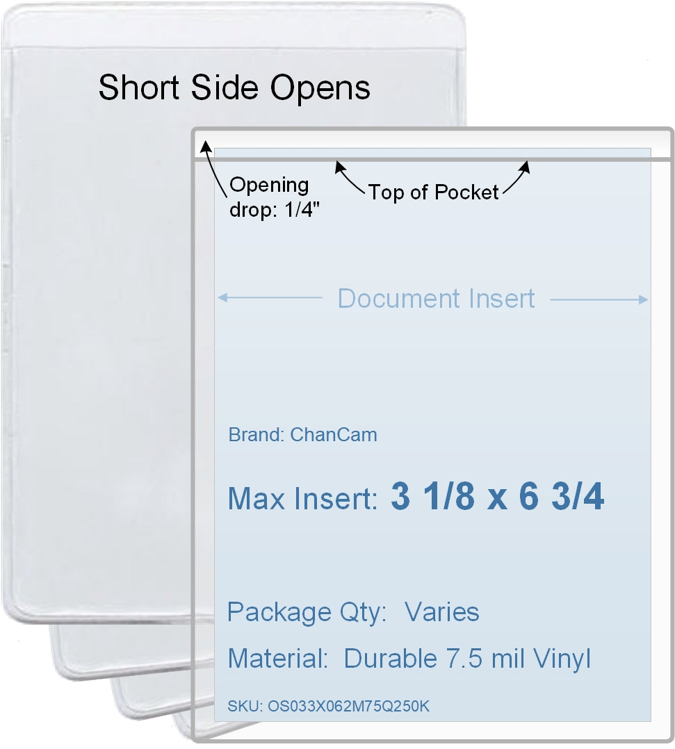 ChanCam vinyl sleeve, open short side, insert size: 3 1/8 x 6 3/4, product size: 3 3/8 x 7, package quantity 100, 7.5 mil clear vinyl