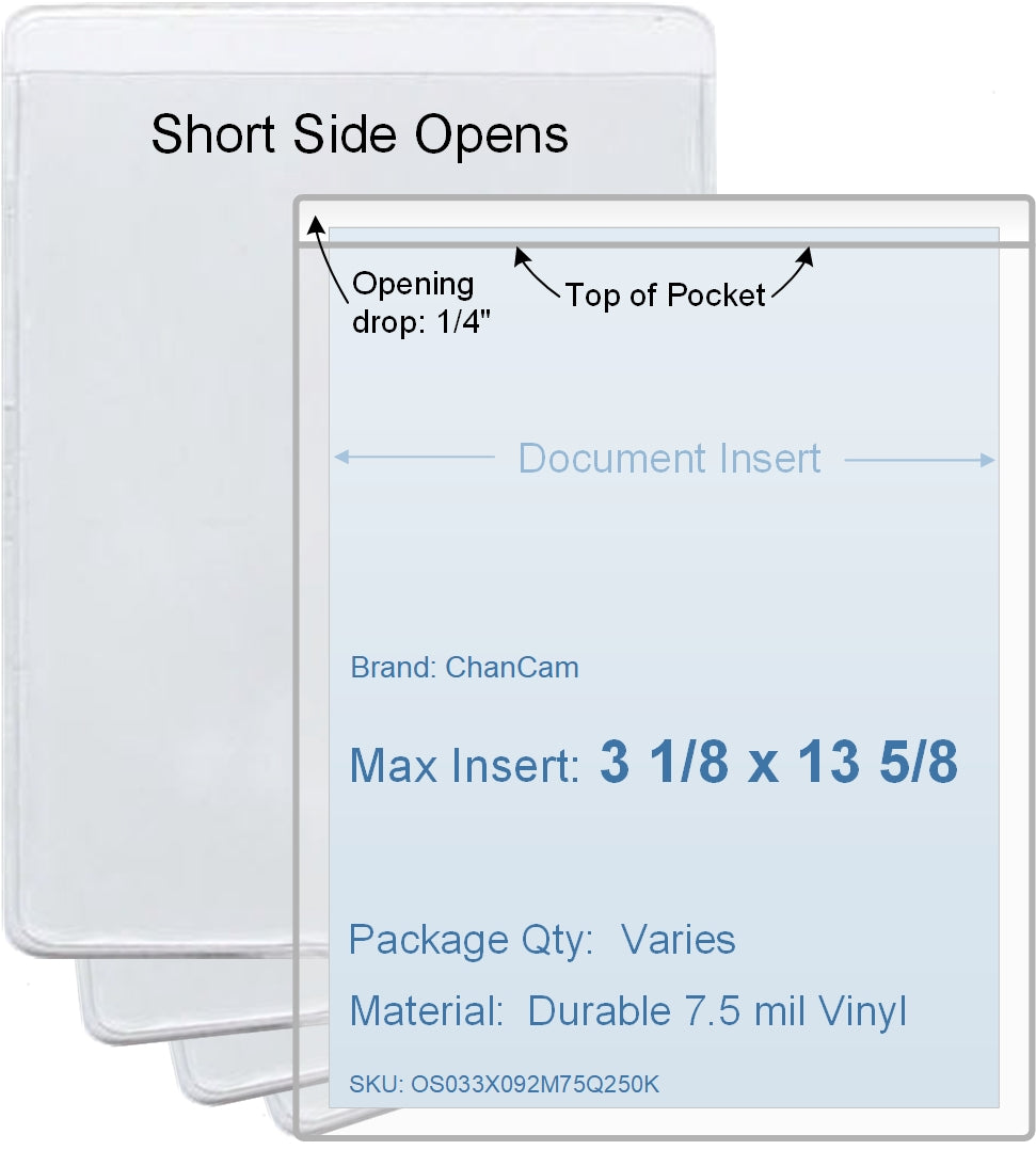 ChanCam vinyl sleeve, open short side, insert size: 3 1/8 x 13 5/8, product size: 3 3/8 x 13 7/8, package quantity 100, 7.5 mil clear vinyl