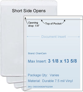 ChanCam vinyl sleeve, open short side, insert size: 3 1/8 x 13 5/8, product size: 3 3/8 x 13 7/8, package quantity 100, 7.5 mil clear vinyl