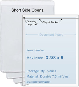 ChanCam vinyl sleeve, open short side, insert size: 3 3/8 x 5, product size: 3 5/8 x 5 1/4, package quantity 100, 7.5 mil clear vinyl