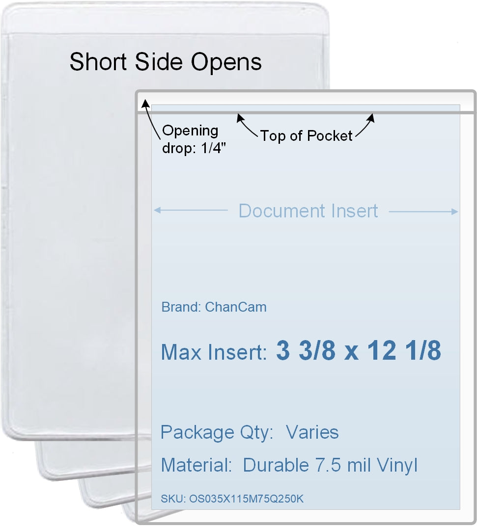 ChanCam vinyl sleeve, open short side, insert size: 3 3/8 x 12 1/8, product size: 3 5/8 x 12 3/8, package quantity 100, 7.5 mil clear vinyl