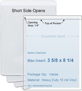 ChanCam vinyl sleeve, open short side, insert size: 3 5/8 x 8 1/4, product size: 3 7/8 x 8 1/2, package quantity 100, heavy duty 10 mil clear vinyl