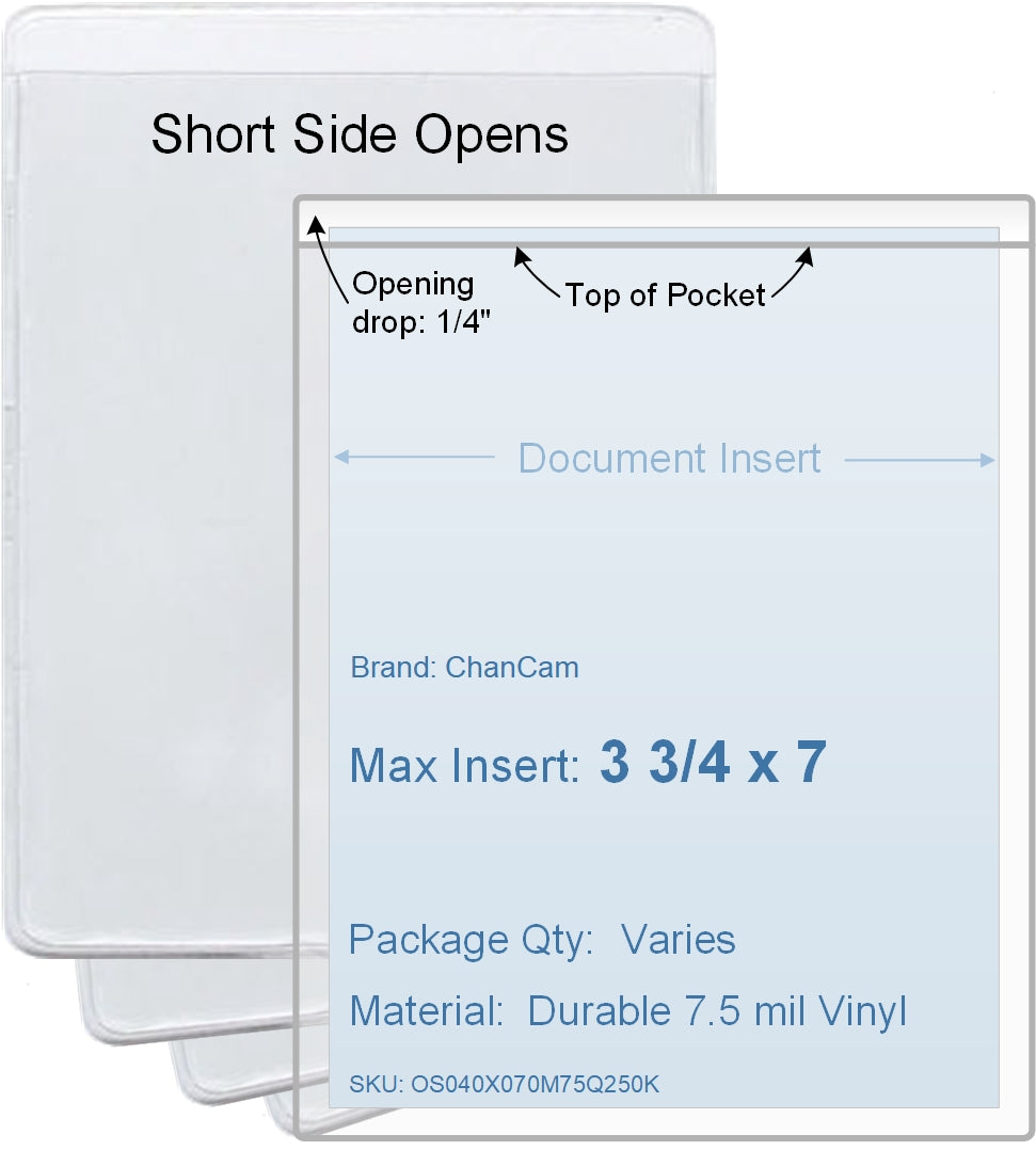 ChanCam vinyl sleeve, open short side, insert size: 3 3/4 x 7, product size: 4 x 7 1/4, package quantity 100, 7.5 mil clear vinyl