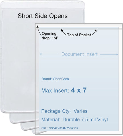 ChanCam vinyl sleeve, open short side, insert size: 4 x 7, product size: 4 1/4 x 7 1/4, package quantity 100, 7.5 mil clear vinyl