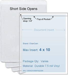 ChanCam vinyl sleeve, open short side, insert size: 4 x 10, product size: 4 1/4 x 10 1/4, package quantity 100, 7.5 mil clear vinyl