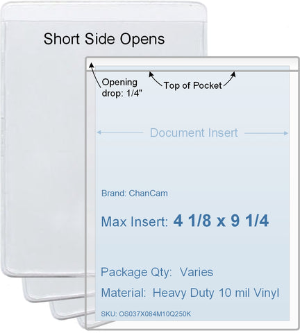 ChanCam vinyl sleeve, open short side, insert size: 4 1/8 x 9 1/4, product size: 4 3/8 x 9 1/2, package quantity 100, heavy duty 10 mil clear vinyl