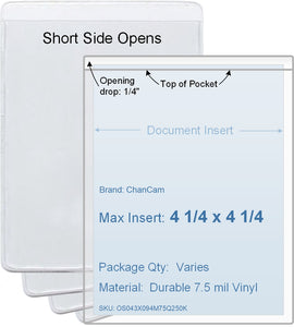 ChanCam vinyl sleeve, open short side, insert size: 4 1/4 x 4 1/4, product size: 4 1/2 x 4 1/2, package quantity 100, 7.5 mil clear vinyl