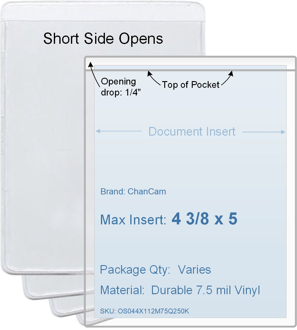 ChanCam vinyl sleeve, open short side, insert size: 4 3/8 x 5, product size: 4 5/8 x 5 1/4, package quantity 100, 7.5 mil clear vinyl