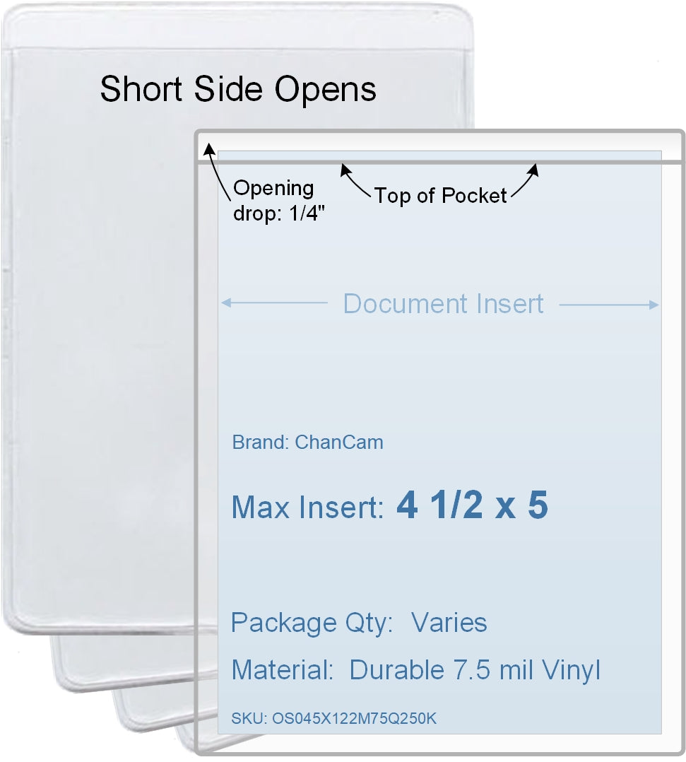 ChanCam vinyl sleeve, open short side, insert size: 4 1/2 x 5, product size: 4 3/4 x 5 1/4, package quantity 100, 7.5 mil clear vinyl