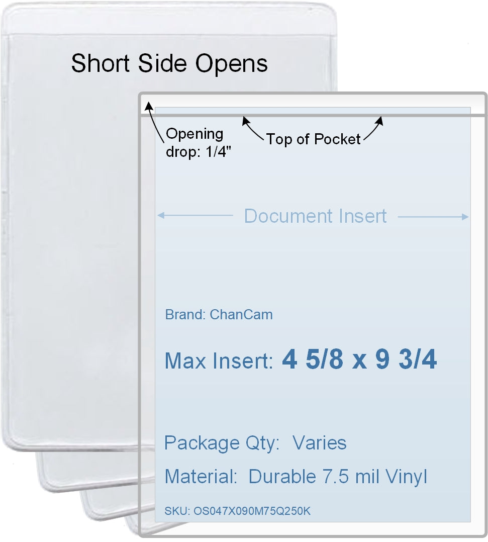 ChanCam vinyl sleeve, open short side, insert size: 4 5/8 x 9 3/4, product size: 4 7/8 x 10, package quantity 100, 7.5 mil clear vinyl