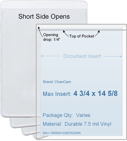 ChanCam vinyl sleeve, open short side, insert size: 4 3/4 x 14 5/8, product size: 5 x 14 7/8, 7.5 mil clear vinyl