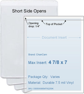 ChanCam vinyl sleeve, open short side, insert size: 4 7/8 x 7, product size: 5 1/8 x 7 1/4, package quantity 100, 7.5 mil clear vinyl