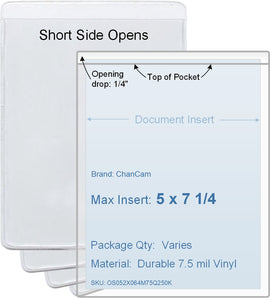 ChanCam vinyl sleeve, open short side, insert size: 5 x 7 1/4, product size: 5 1/4 x 7 1/2, package quantity 100, 7.5 mil clear vinyl