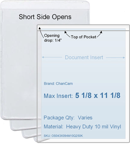 ChanCam vinyl sleeve, open short side, insert size: 5 1/8 x 11 1/8, product size: 5 3/8 x 11 3/8, package quantity 100, heavy duty 10 mil clear vinyl