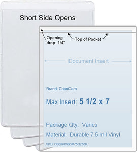 ChanCam vinyl sleeve, open short side, insert size: 5 1/2 x 7, product size: 5 3/4 x 7 1/4, package quantity 100, 7.5 mil clear vinyl