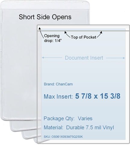 ChanCam vinyl sleeve, open short side, insert size: 5 7/8 x 15 3/8, product size: 6 1/8 x 15 5/8, 7.5 mil clear vinyl