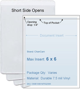 ChanCam vinyl sleeve, open short side, insert size: 6 x 6, product size: 6 1/4 x 6 1/4, package quantity 100, 7.5 mil clear vinyl