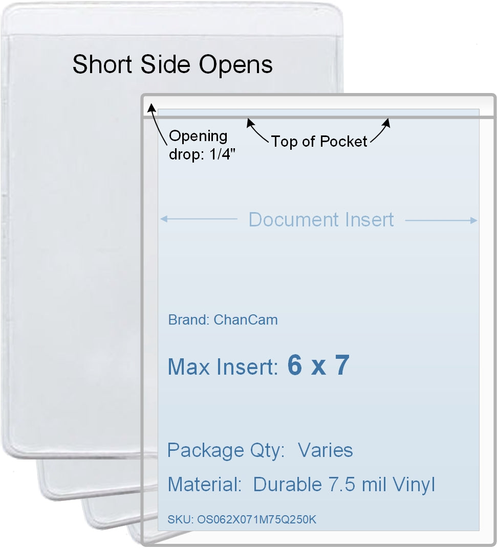 ChanCam vinyl sleeve, open short side, insert size: 6 x 7, product size: 6 1/4 x 7 1/4, package quantity 100, 7.5 mil clear vinyl