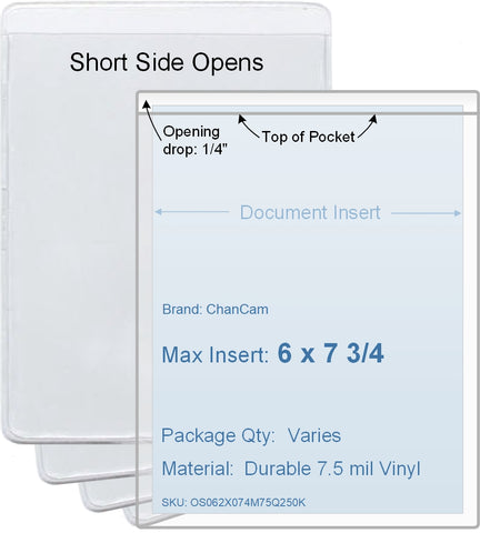 ChanCam vinyl sleeve, open short side, insert size: 6 x 7 3/4, product size: 6 1/4 x 8, package quantity 100, 7.5 mil clear vinyl