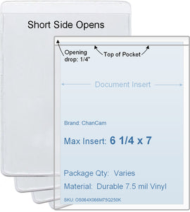 ChanCam vinyl sleeve, open short side, insert size: 6 1/4 x 7, product size: 6 1/2 x 7 1/4, package quantity 100, 7.5 mil clear vinyl