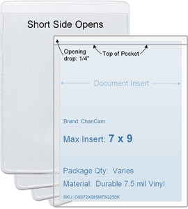 ChanCam vinyl sleeve, open short side, insert size: 7 x 9, product size: 7 1/4 x 9 1/4, package quantity 100, 7.5 mil clear vinyl