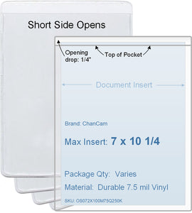 ChanCam vinyl sleeve, open short side, insert size: 7 x 10 1/4, product size: 7 1/4 x 10 1/2, 7.5 mil clear vinyl