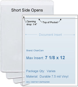 ChanCam vinyl sleeve, open short side, insert size: 7 1/8 x 12, product size: 7 3/8 x 12 1/4, package quantity 100, 7.5 mil clear vinyl