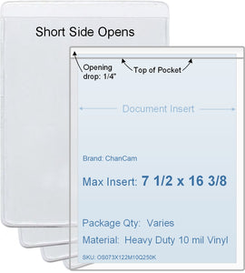 ChanCam vinyl sleeve, open short side, insert size: 7 1/2 x 16 3/8, product size: 7 3/4 x 16 5/8, heavy duty 10 mil clear vinyl