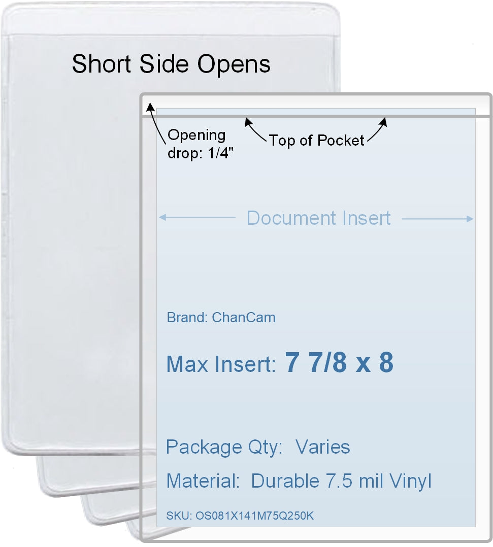 ChanCam vinyl sleeve, open short side, insert size: 7 7/8 x 8, product size: 8 1/8 x 8 1/4, package quantity 100, 7.5 mil clear vinyl