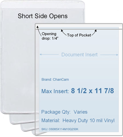 ChanCam vinyl sleeve, open short side, insert size: 8 1/2 x 11 7/8, product size: 8 3/4 x 12 1/8, package quantity 100, heavy duty 10 mil clear vinyl