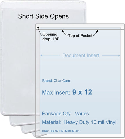 ChanCam vinyl sleeve, open short side, insert size: 9 x 12, product size: 9 1/4 x 12 1/4, heavy duty 10 mil clear vinyl