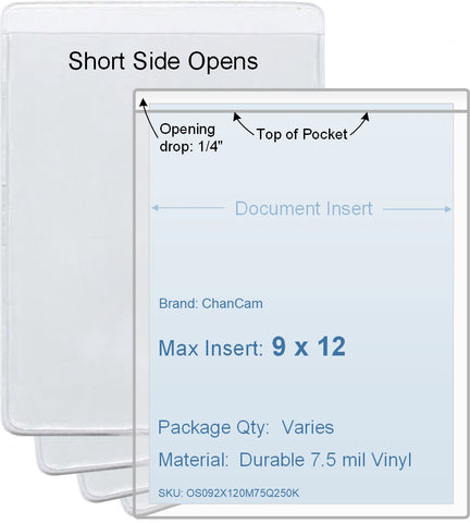 ChanCam vinyl sleeve, open short side, insert size: 9 x 12, product size: 9 1/4 x 12 1/4, 7.5 mil clear vinyl