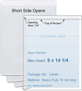 ChanCam vinyl sleeve, open short side, insert size: 9 x 14 1/4, product size: 9 1/4 x 14 1/2, package quantity 100, heavy duty 10 mil clear vinyl